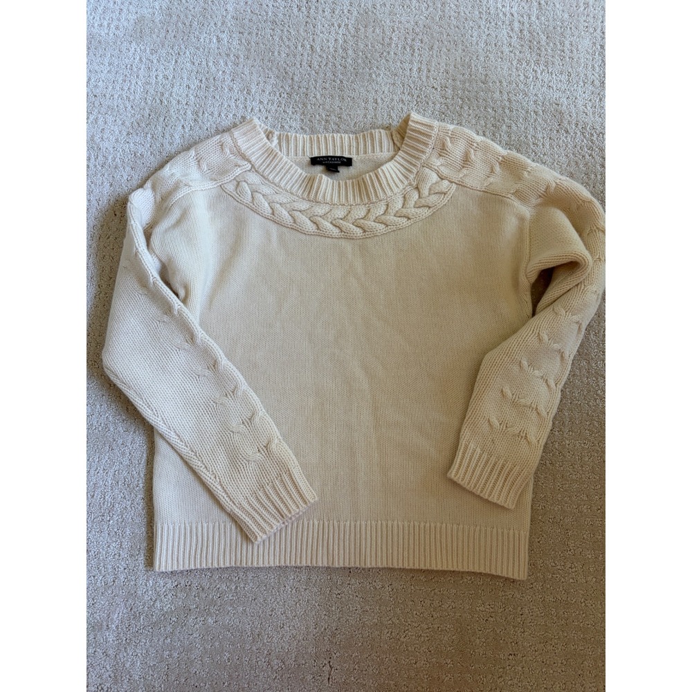 Ann Taylor Sweater Women S Cream Braided Wool Cashmere Cable Knit Crew Neck